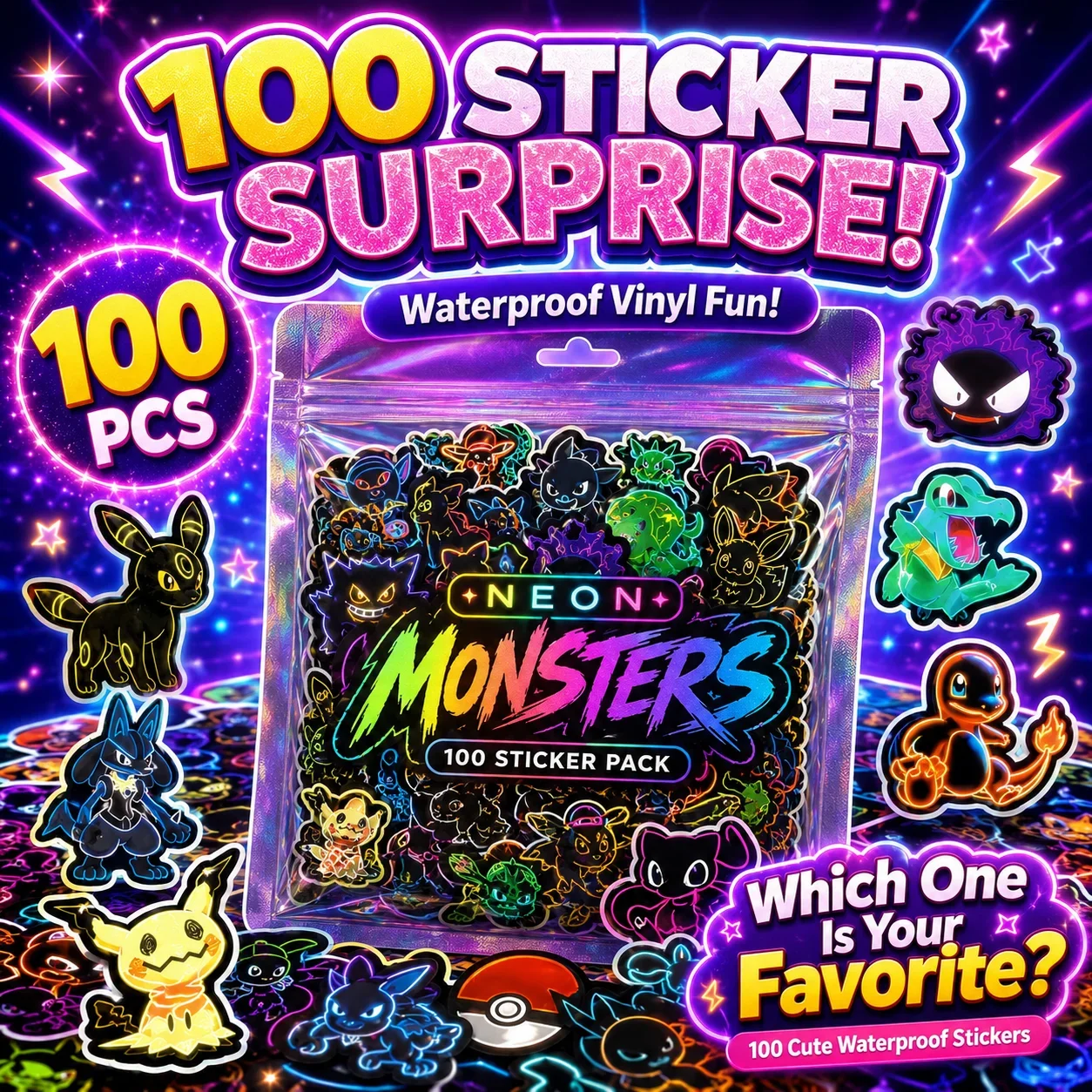 100 adet Neon Pokémon Sticker' - Luggage incelemesi ve fiyatı